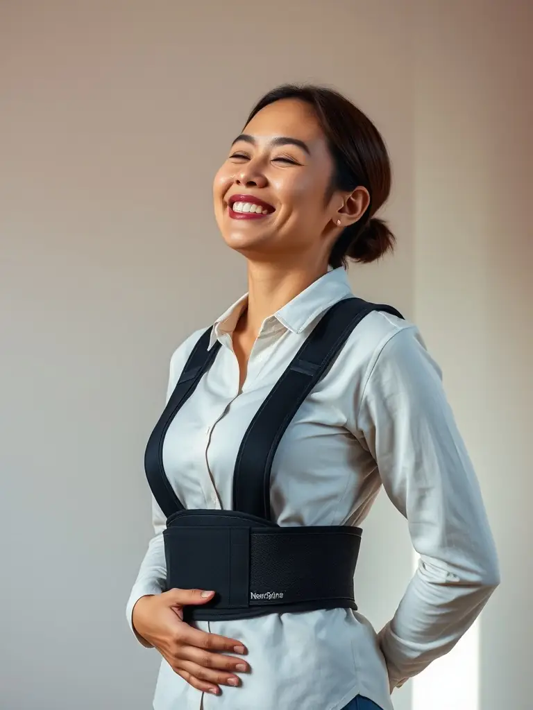 A person wearing the Adjustable Posture Corrector under a light-colored shirt, demonstrating its discreet design and comfortable fit, set against a neutral background to highlight its everyday usability.